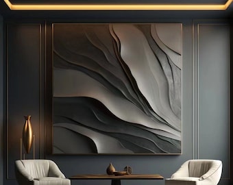 May include: A modern living room interior with two white armchairs, a dark wood coffee table, and a large abstract wall art piece with a 3D textured design. The room has dark blue walls and gold accents.