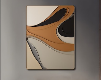 Può includere: Opera d'arte astratta da parete con forme fluide a strati nei toni del beige, nero e grigio, su sfondo crema. L'opera è incorniciata in un bordo dorato e appesa sopra un divano in pelle marrone con cuscini abbinati.