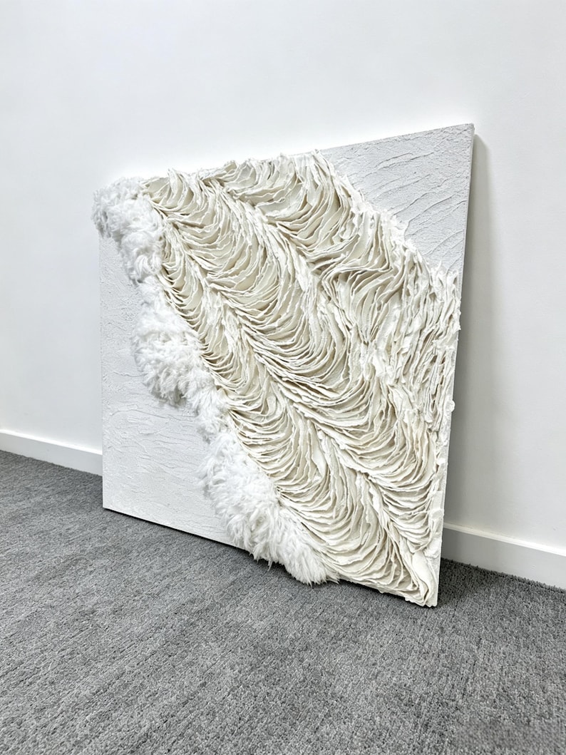 3D Paper Wall Art, Textured Abstract Wall Decor, Minimalist Wall Sculpture, Handmade Modern Canvas Art, Cream Black White Wall Hanging image 13