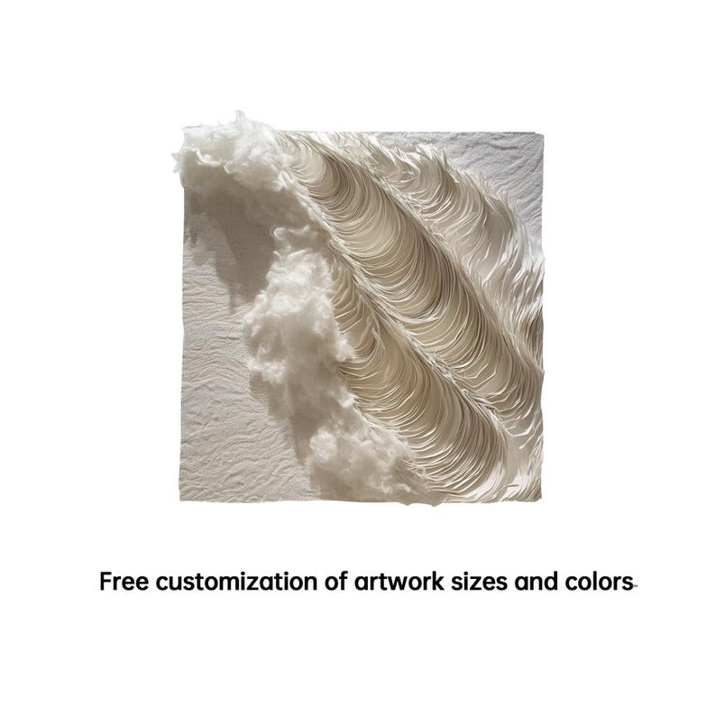 May include: Square, textured, off-white artwork with a wave-like design. The artwork features layered, flowing lines and fluffy, cloud-like textures. The text at the bottom reads: Free customization of artwork sizes and colours.