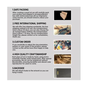 May include: Informational graphic with text detailing product features. Includes sections on safe packing, free international shipping, custom orders, high-quality craftsmanship, and backside details. Each section has a corresponding image.