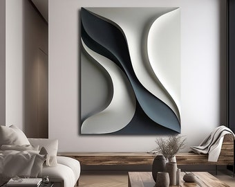 May include: Abstract wall art featuring a white and gray 3D design with a dark blue accent. The design is reminiscent of flowing waves or folds of fabric.