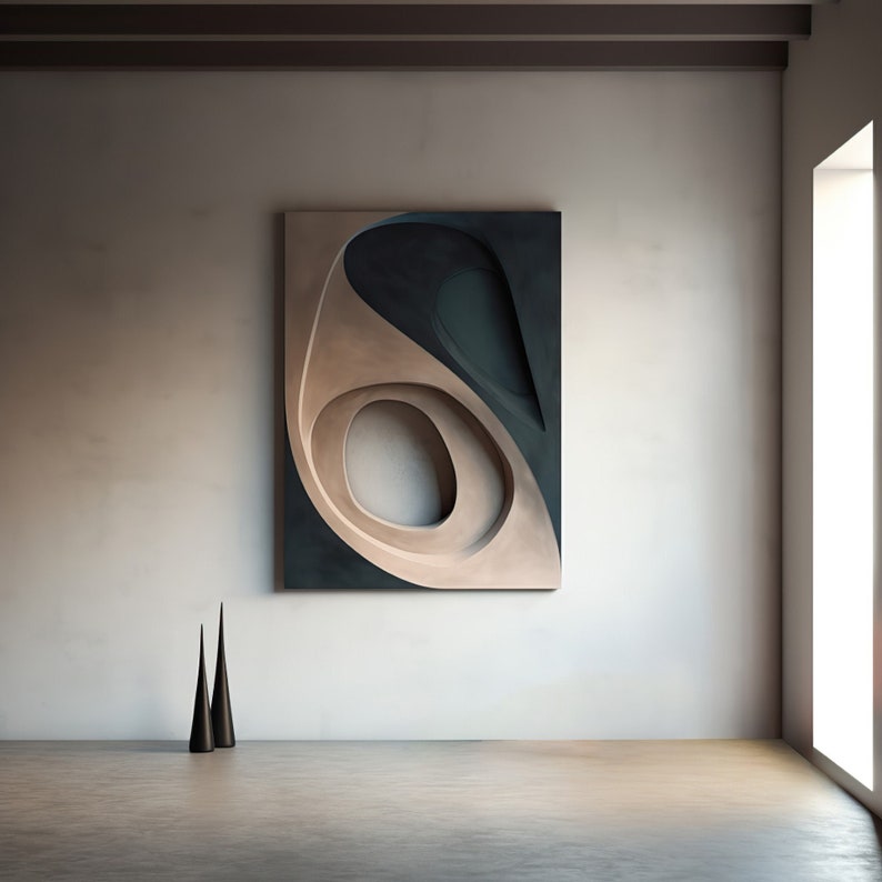May include: Abstract wall art featuring a layered design with a dark teal and beige color palette. The artwork has a three-dimensional effect with curved shapes. Two black, cone-shaped sculptures stand on the floor in front of the wall.