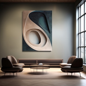May include: Abstract wall art featuring a layered design in shades of beige, white, and dark teal. The artwork is displayed above a low wooden cabinet and a seating area with brown chairs and a round coffee table.