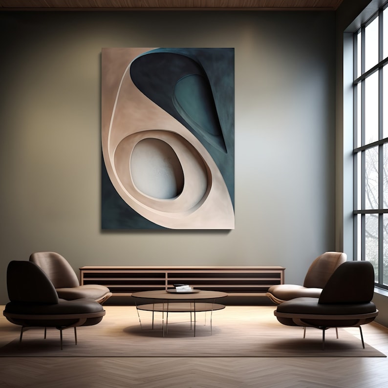 May include: Abstract wall art featuring a layered design in shades of beige, white, and dark teal. The artwork is displayed above a low wooden cabinet and a seating area with brown chairs and a round coffee table.