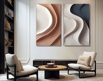 Può includere: Due stampe d'arte astratta con forme geometriche bianche, marroni e blu. Le stampe sono incorniciate e appese a una parete bianca in un soggiorno moderno.