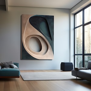 May include: Abstract wall art featuring a layered design with a neutral color palette. The artwork has a beige, dark teal, and white color scheme. The piece is rectangular and mounted on a gray wall, adding a modern touch to the room.