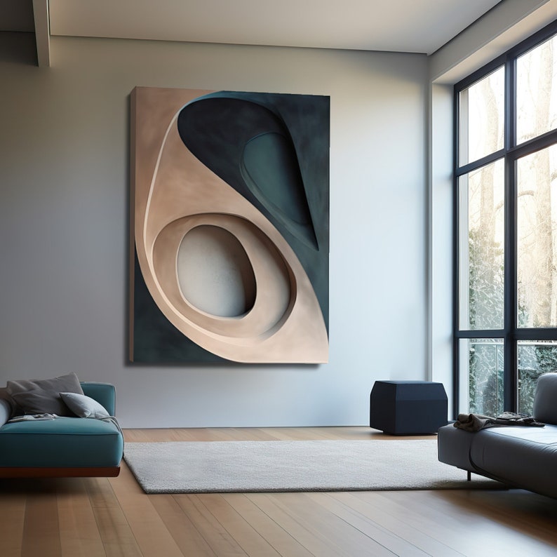 May include: Abstract wall art featuring a layered design with a neutral color palette. The artwork has a beige, dark teal, and white color scheme. The piece is rectangular and mounted on a gray wall, adding a modern touch to the room.