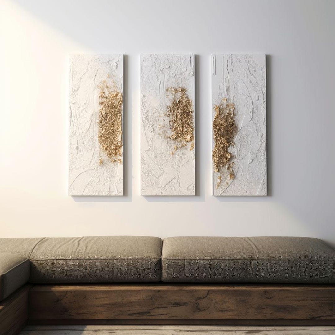 Textured Abstract Canvas Triptych: Gold & White Minimalist Wall Art - Etsy