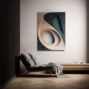 May include: Abstract wall art featuring a layered design with beige, teal, and dark blue hues. The artwork is displayed above a modern gray lounge chair with a wooden frame, complemented by a neutral-toned throw blanket. The room has a minimalist aesthetic.