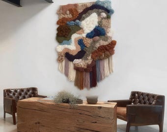 Handmade Textured Fiber Wall Art: Boho Woven Tapestry with Fringe