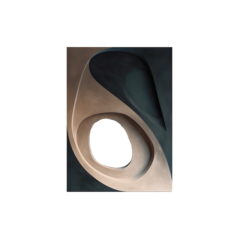 May include: Abstract wall art featuring a layered design with a central, oval-shaped void. The artwork uses a palette of muted beige, dark teal, and charcoal gray, creating a sense of depth and dimension. The composition is modern and minimalist.