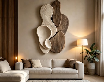 May include: A large wall sculpture composed of layered, organic-shaped panels. The piece features a mix of textured, cream-colored elements with fine vertical ridges and smooth, dark brown wooden sections with visible grain patterns.