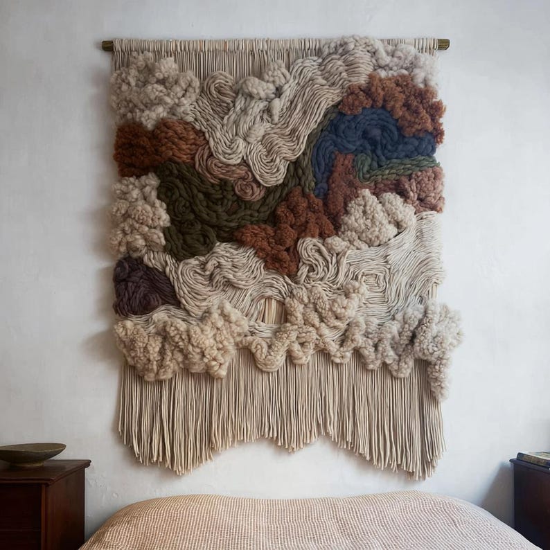 May include: A large, textured wall hanging with a neutral color palette. The artwork features various shades of beige, brown, and green, with a fringed bottom. The design incorporates a mix of woven and knotted textures, creating a three-dimensional effect. The wall hanging is mounted on a wooden rod.