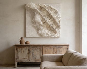 3D-väggkonst i papper, texturerad abstrakt väggdekor, minimalistisk väggskulptur, handgjord modern kanvaskonst, väggbonad i krämfärgad svartvit