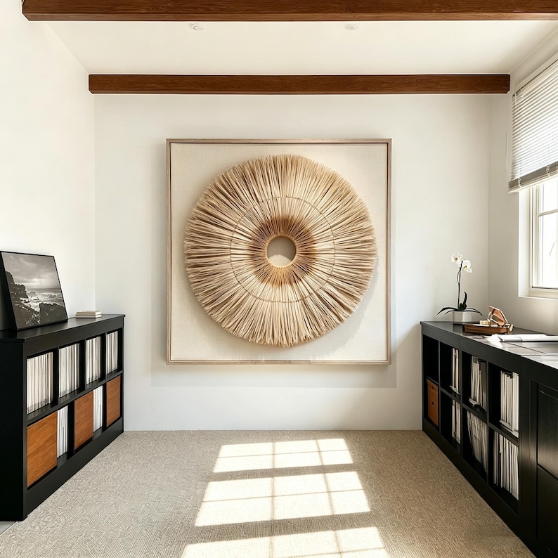 Handgjord 3D-pappersväggkonst, solstrålepappersskulptur, neutral väggdekor, minimalistisk heminredning, modern abstrakt väggkonst, bohemisk väggdekor bild 5