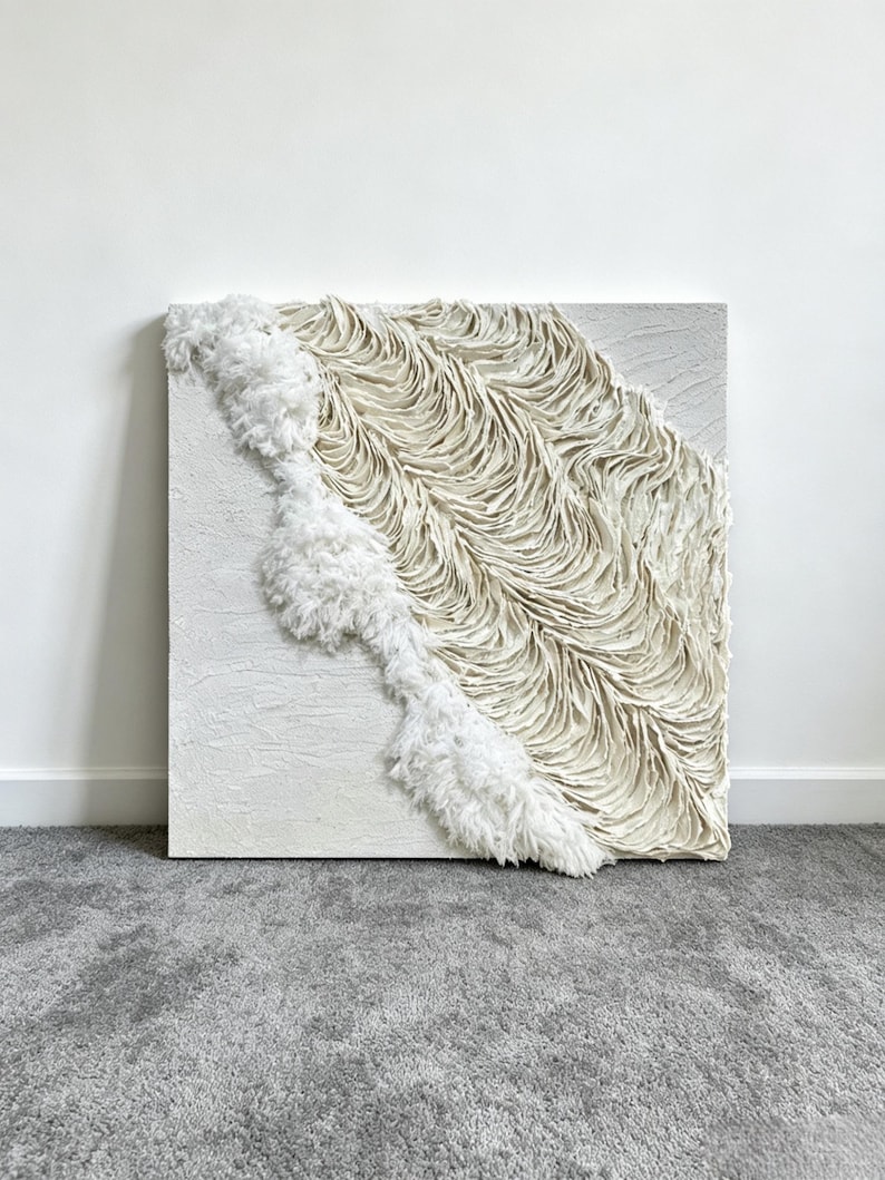 3D Paper Wall Art, Textured Abstract Wall Decor, Minimalist Wall Sculpture, Handmade Modern Canvas Art, Cream Black White Wall Hanging image 11