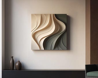 Può includere: Opera d'arte astratta quadrata che presenta un design a strati di forme curve e fluide. L'opera utilizza una tavolozza di colori neutri, tra cui beige, crema e verde oliva, creando un senso di profondità e movimento. Montata su una parete dai toni neutri.