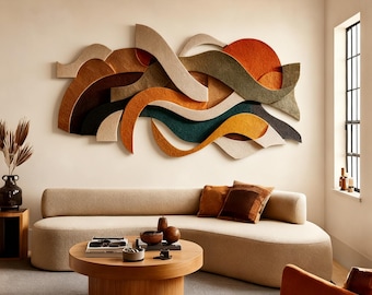 3D Abstract Wall Art – Modern Geometric Wave Sculpture in Warm Earth Tones – Large Textured Wall Hanging for Living Room & Bedroom