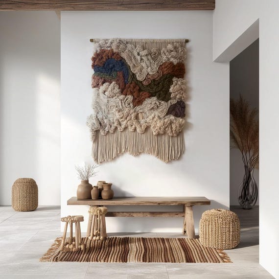Handmade Woven Tapestry Wall Hanging: Modern Boho Fiber Art