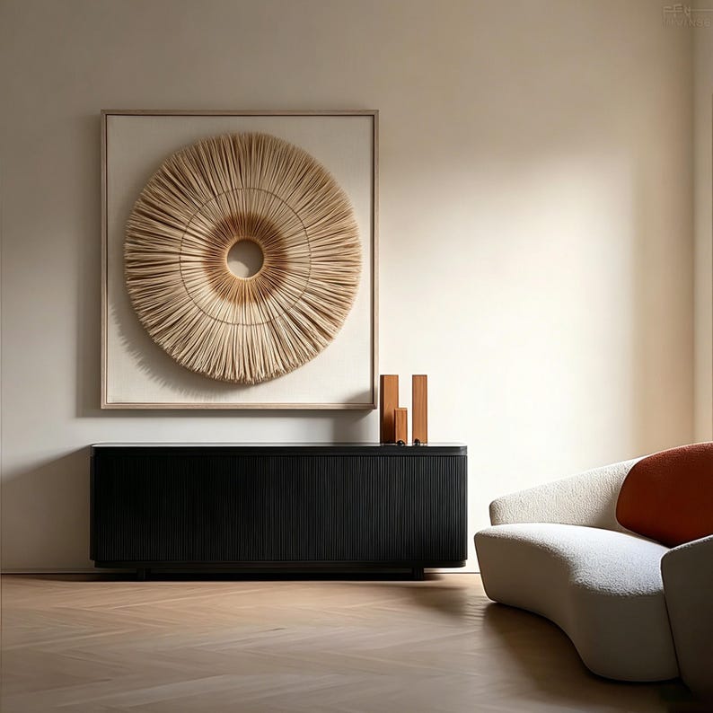 Handgjord 3D-pappersväggkonst, solstrålepappersskulptur, neutral väggdekor, minimalistisk heminredning, modern abstrakt väggkonst, bohemisk väggdekor bild 2