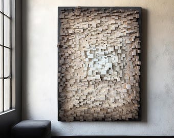 Puede incluir: Una gran pieza de arte mural rectangular de madera con un marco oscuro. La obra de arte se compone de numerosos bloques de madera pequeños y de color claro, creando un efecto texturizado y tridimensional. Los bloques varían de claro a oscuro.