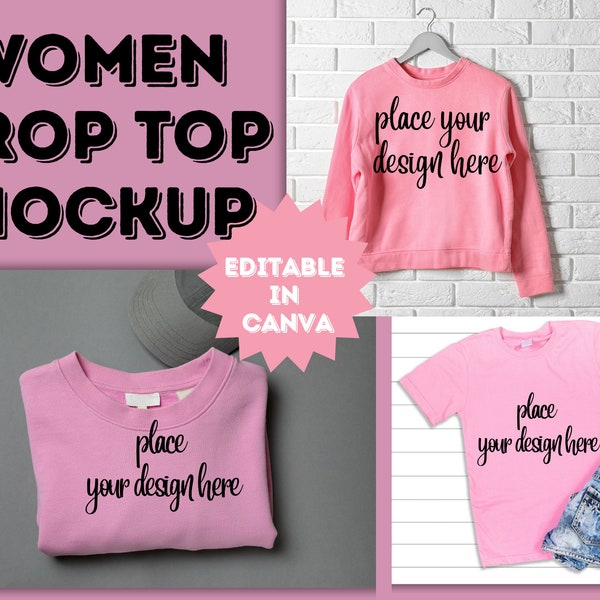 Pink Crop Top, Cropped Tee Mockup | Champion T453W Crop Top Mockup | Fashionable Crop Top Mock Up, Cropped Tshirt Mock Up pink