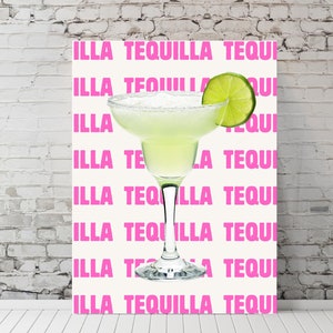 Tequila Margarita Retro Pop Art Print Bar Cart Art Y2K Pink Tequila Poster | Margarita Pink & Green Wall Art | Digital Download PNG