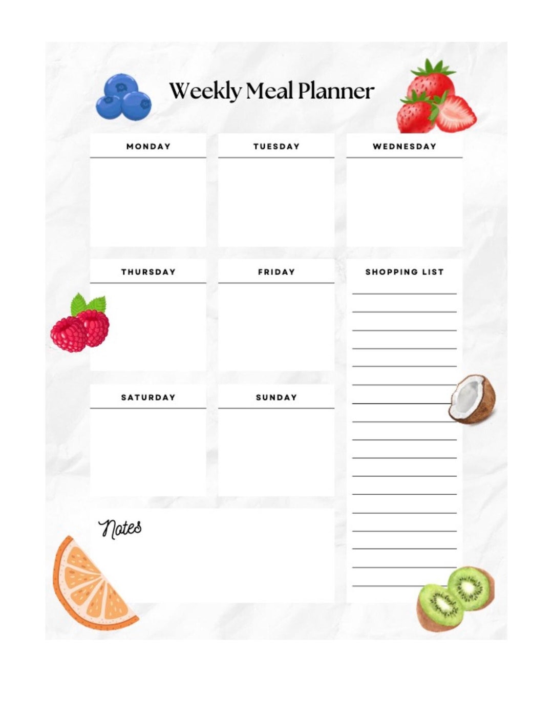 Weekly Meal Planner Calendar Colorful Fruit Icons Meal Prep Digital ...