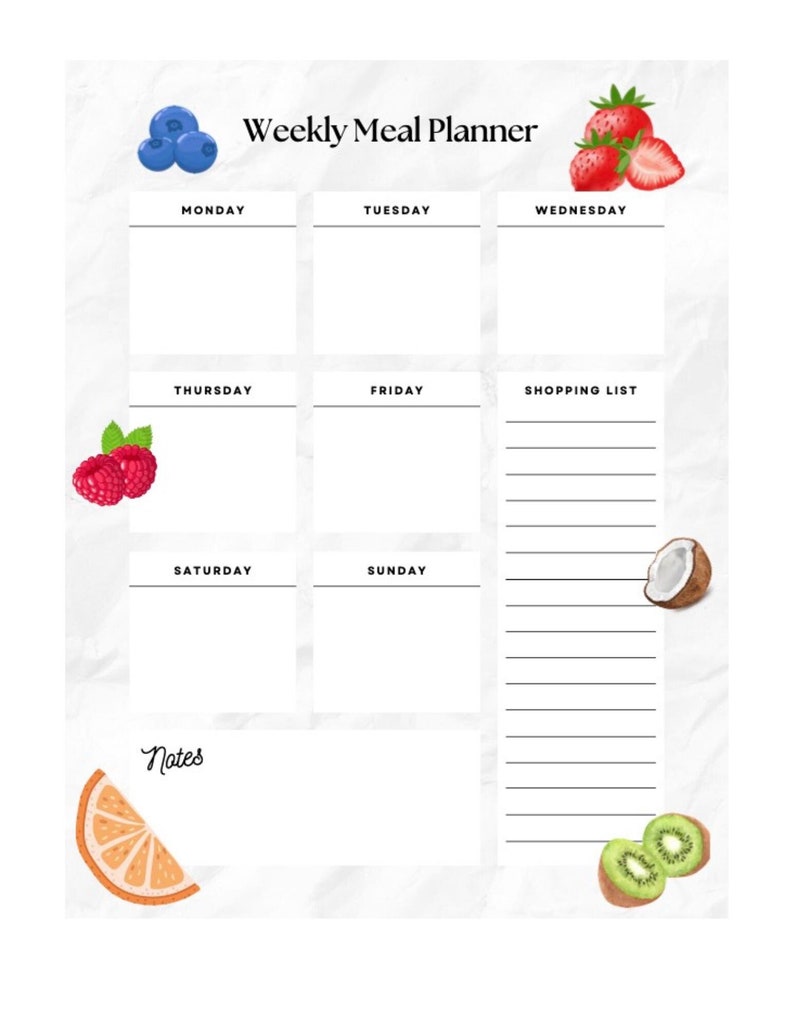 Weekly Meal Planner Calendar Colorful Fruit Icons Meal Prep Digital ...