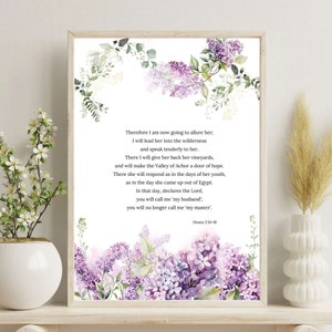 Scripture Art: Hosea Bible Verse Print - Elegant Purple Floral Wall Decor, Purple Lilac Wall Decoration, Bible Verse Poster, Gift for Her