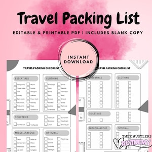 May include: A printable travel packing checklist with two columns of items to pack. The checklist is divided into categories: Essentials, Clothing, Toiletries, Miscellaneous, and Optional. The checklist is in black and white with a pink and white watercolor background.