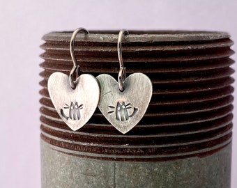 Kitten Kitty Cat Heart Earrings Small sterling silver with titanium Earwires handmade steel stamp