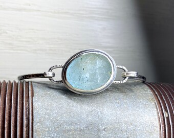 Included Aquamarine Rose cut Spring Tension bracelet bangle in sterling silver