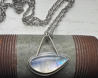 Top Quality Rainbow Moonstone in handmade sterling silver setting stainless steel chain 34 inches long hand stamped wise owl night forest