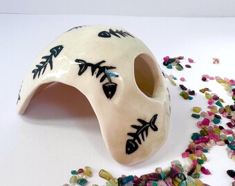 Aquarium Decoration, Ceramic Fish Cave, Shrimp, Betta Hiding Spot, Fish Bones Pattern