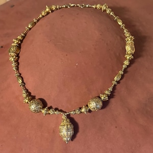 Victorian gold plated Etruscan revival beaded pendant necklace