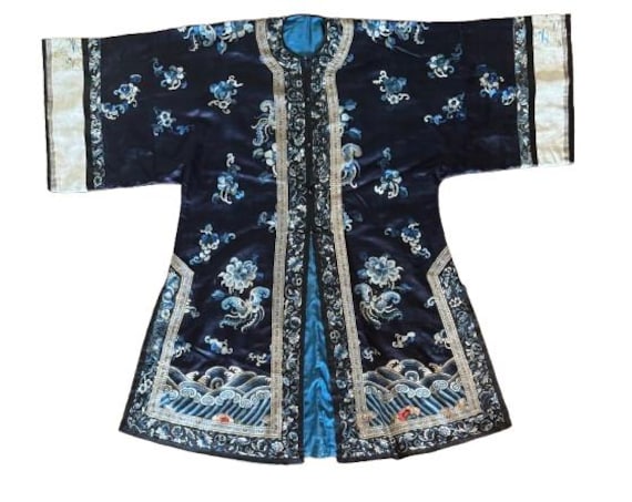 Antique Qing Dynasty  blue silk   hand embroidered  silk  robe  Court / floral scenes period 1644-1911 from approx 1880s