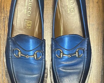 Gucci Gold Horsebit Buckle Navy Blue Leather Platform  display picture 1