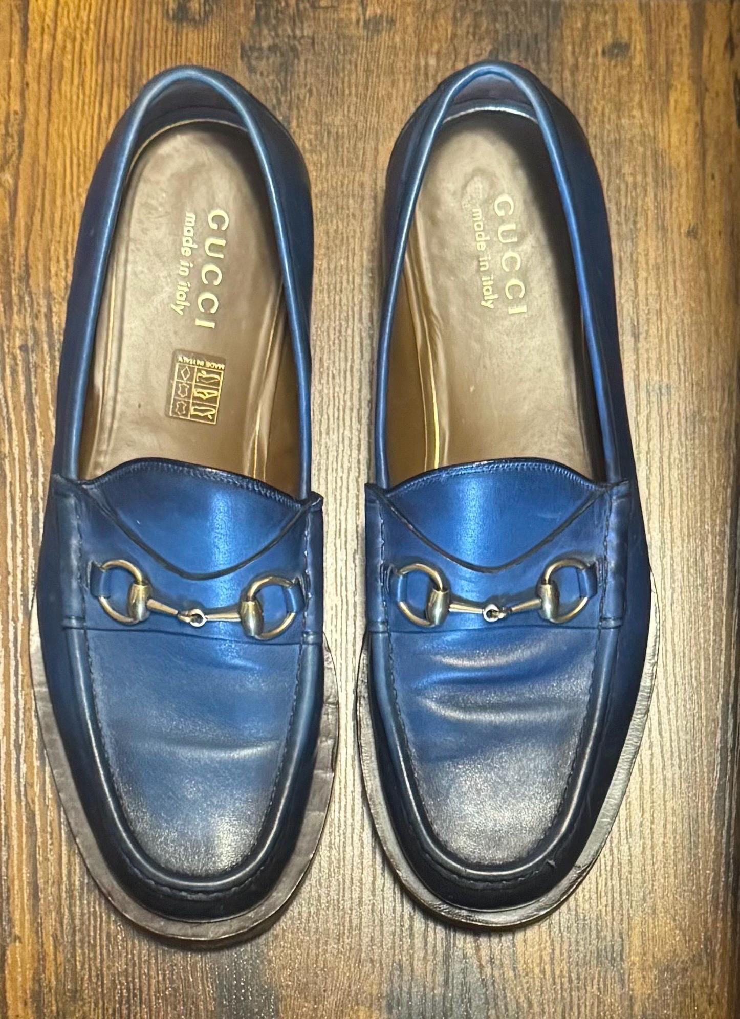 Gucci Gold Horsebit Buckle Navy Blue Leather Platform 