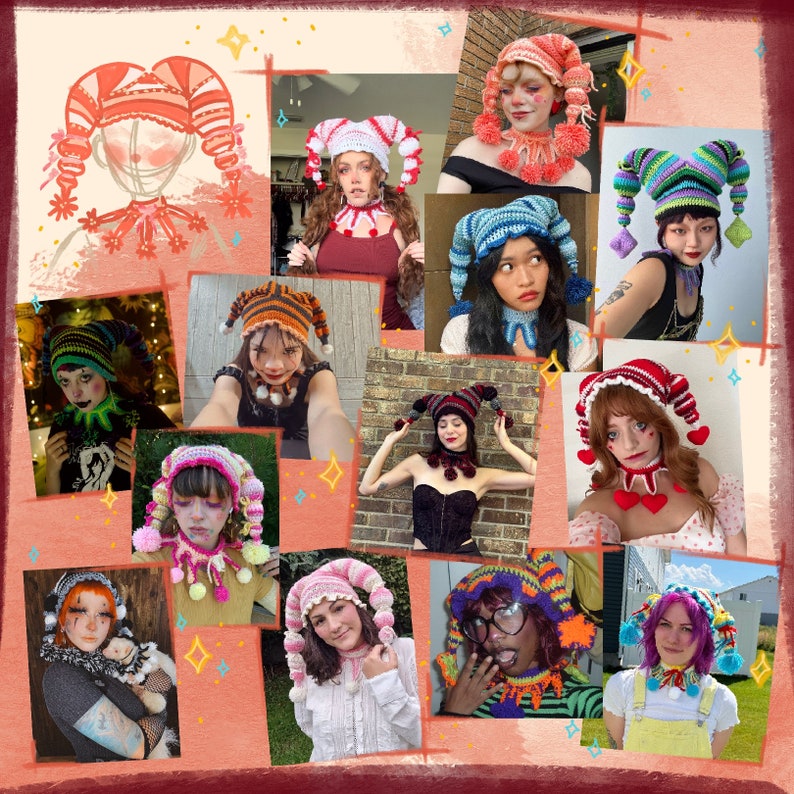 May include: A collage of 12 photos featuring people wearing colorful crocheted jester hats. The hats are all different designs and colors, and the people are all smiling and looking at the camera.