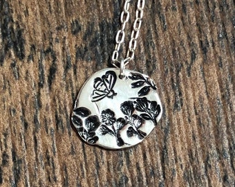 Hand Stamped Bee and Floral Pendant Necklace Sterling Silver