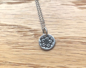 Simple Stamped Cherry Blossom Charm Necklace Sterling Silver