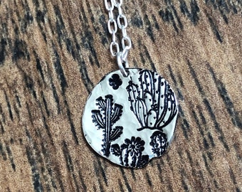 Hand Stamped Desert Cactus Pendant Necklace