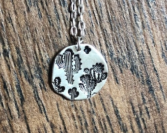 Hand Stamped Desert Cactus Pendant Necklace