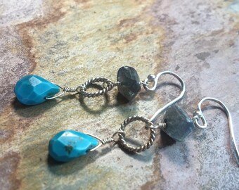 Labradorite and Turquoise Earrings with Sterling Silver