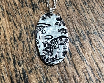 Hand Stamped Mushroom Fungi Pendant Necklace