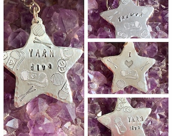 Yarn Themed Keychain Hand Stamped Aluminum