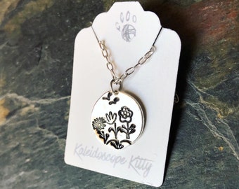 Hand Stamped Floral Pendant Necklace