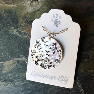 Hand Stamped Floral Scene with Birds and Bee Sterling Silver Pendant Necklace